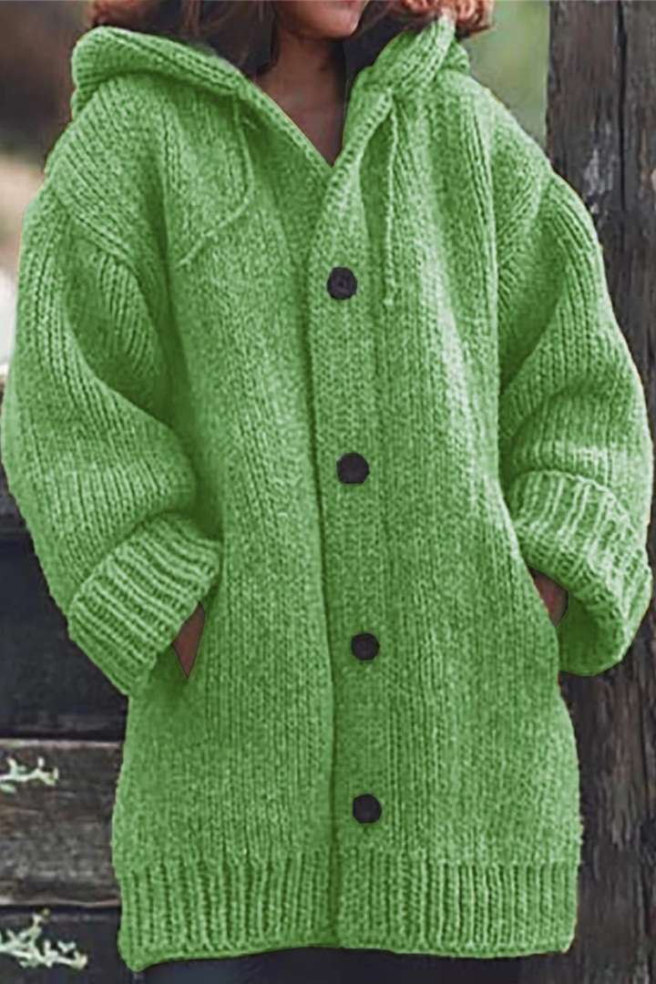 Soft knit women's hooded cardigan, oversized and relaxed fit, great for comfortable everyday wear.