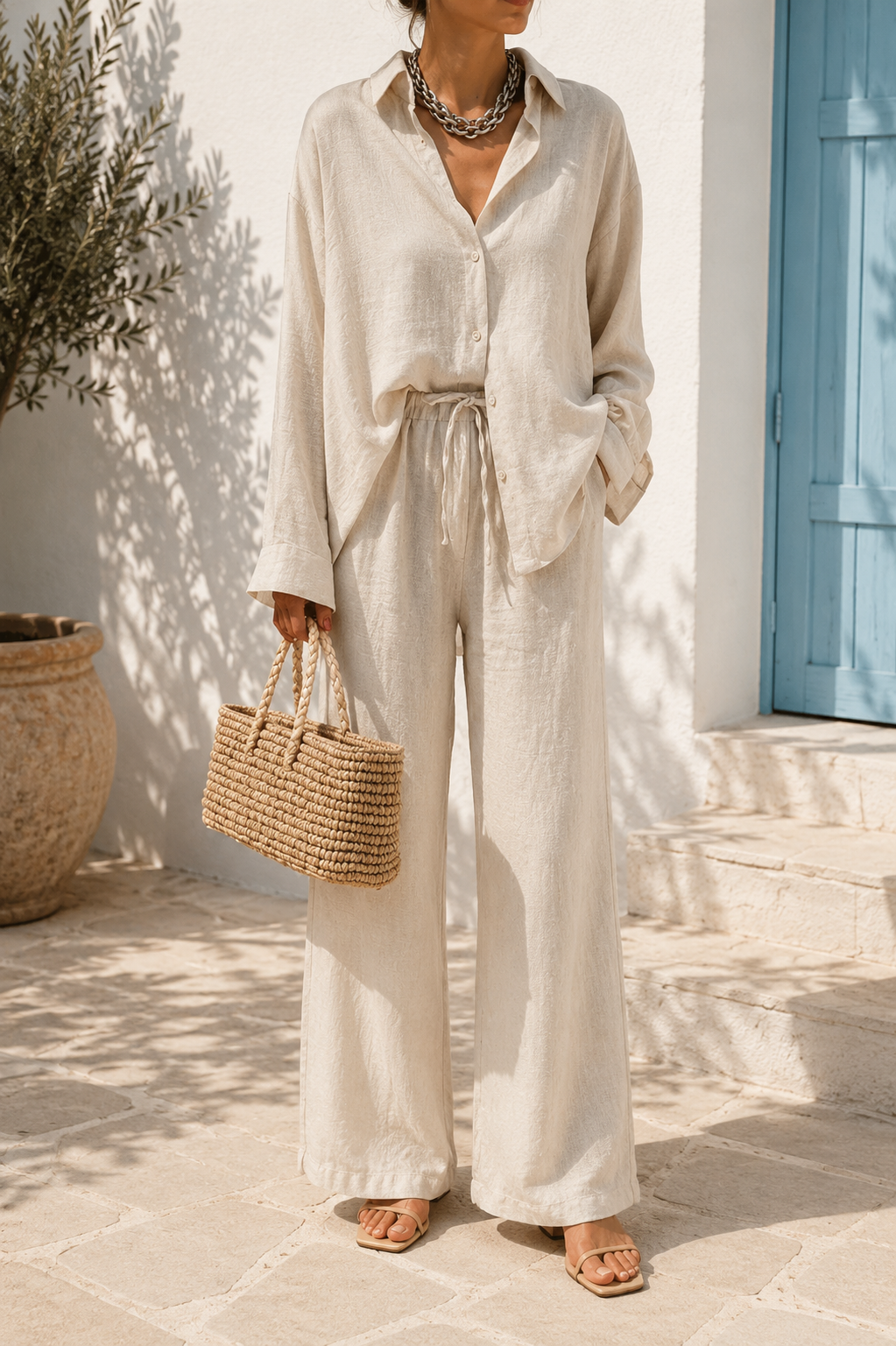 Women's oversized linen two-piece set in beige, featuring a relaxed top and wide-leg trousers for casual summer comfort.