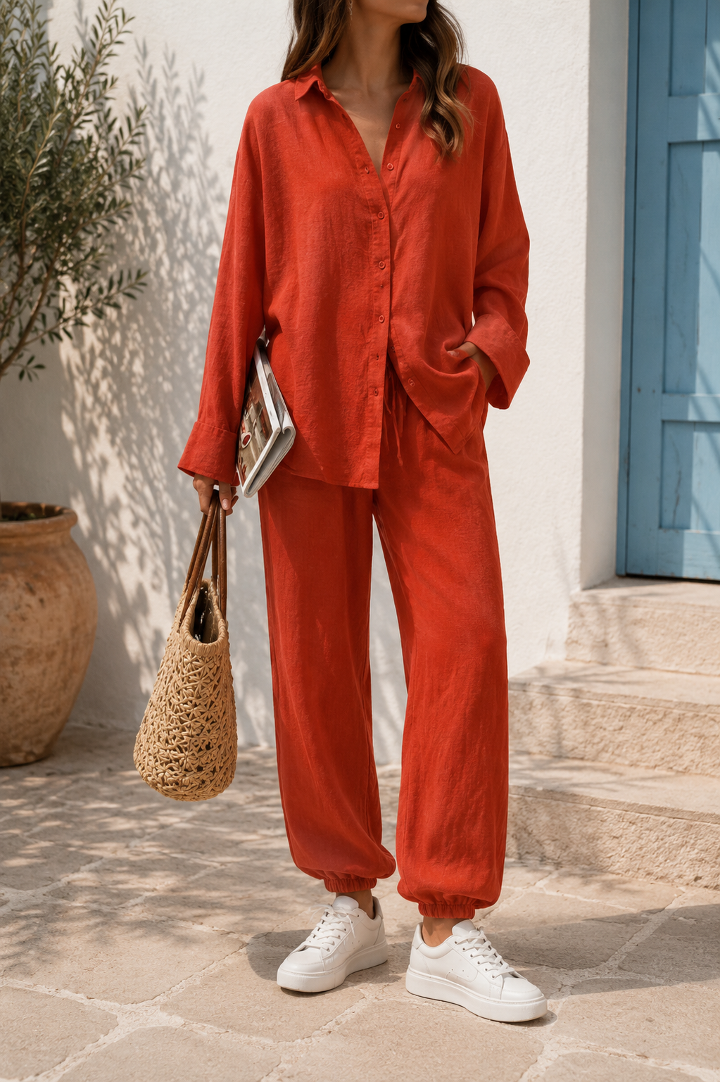 Red oversized linen two-piece set with a relaxed top & wide-leg trousers. Comfortable women's summer casual outfit.