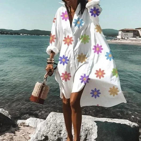 Lightweight women's oversized shirt dress, long sleeve beach cover-up, great for summer holidays & resort.