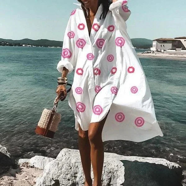 Flowy women's casual long sleeve oversized shirt dress, comfortable and chic for everyday summer fashion.