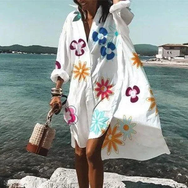 Stylish long sleeve oversized shirt dress, perfect breathable cover-up for beach, pool, or holiday.