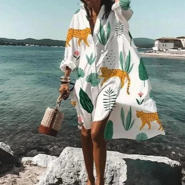 Breathable women's oversized shirt dress, long sleeve, ideal for resort wear, beach outings & casual days.