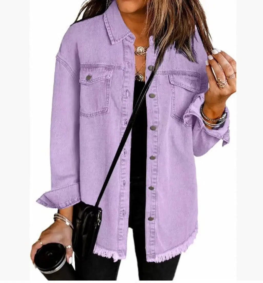 Stylish women's longline outerwear, oversized fit, raw hem detailing, and secure snap button closure.