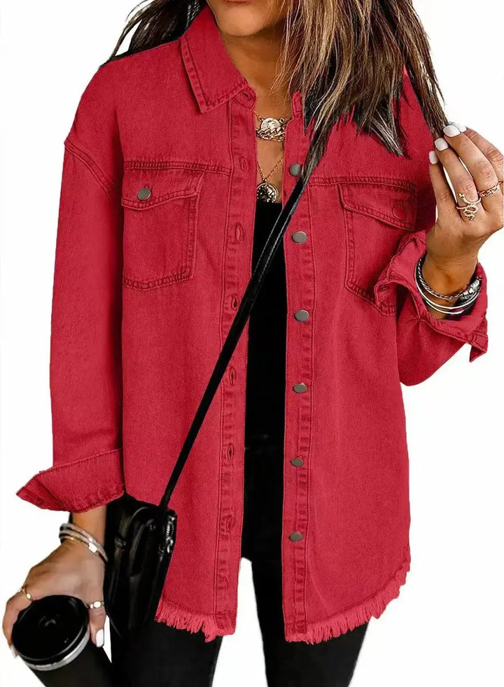 Modern women's longline oversized jacket, raw hem, snap buttons, ideal for chic casual layering.