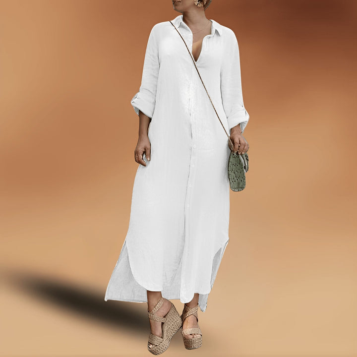 Women's oversized maxi shirt dress, button-down front, relaxed fit, ideal for casual summer fashion or vacation.