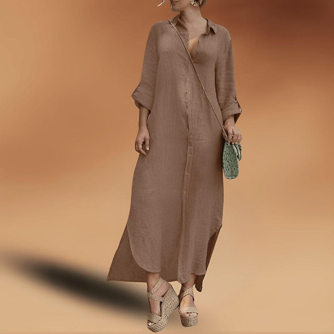 Relaxed fit oversized maxi shirt dress for women, button-down, great for warm weather, casual outings, or summer holidays.