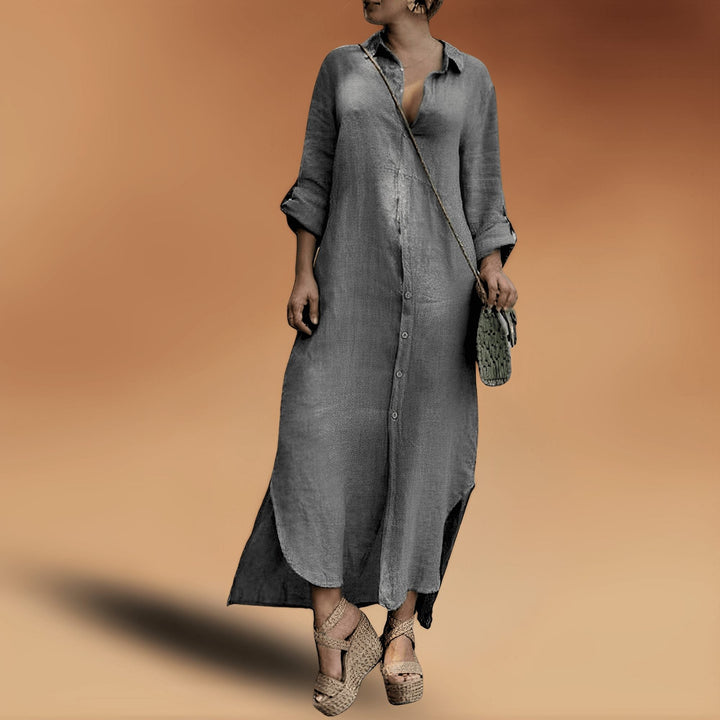 Stylish women's oversized button-down shirt dress, a comfortable maxi for summer, beach, or casual everyday wear.
