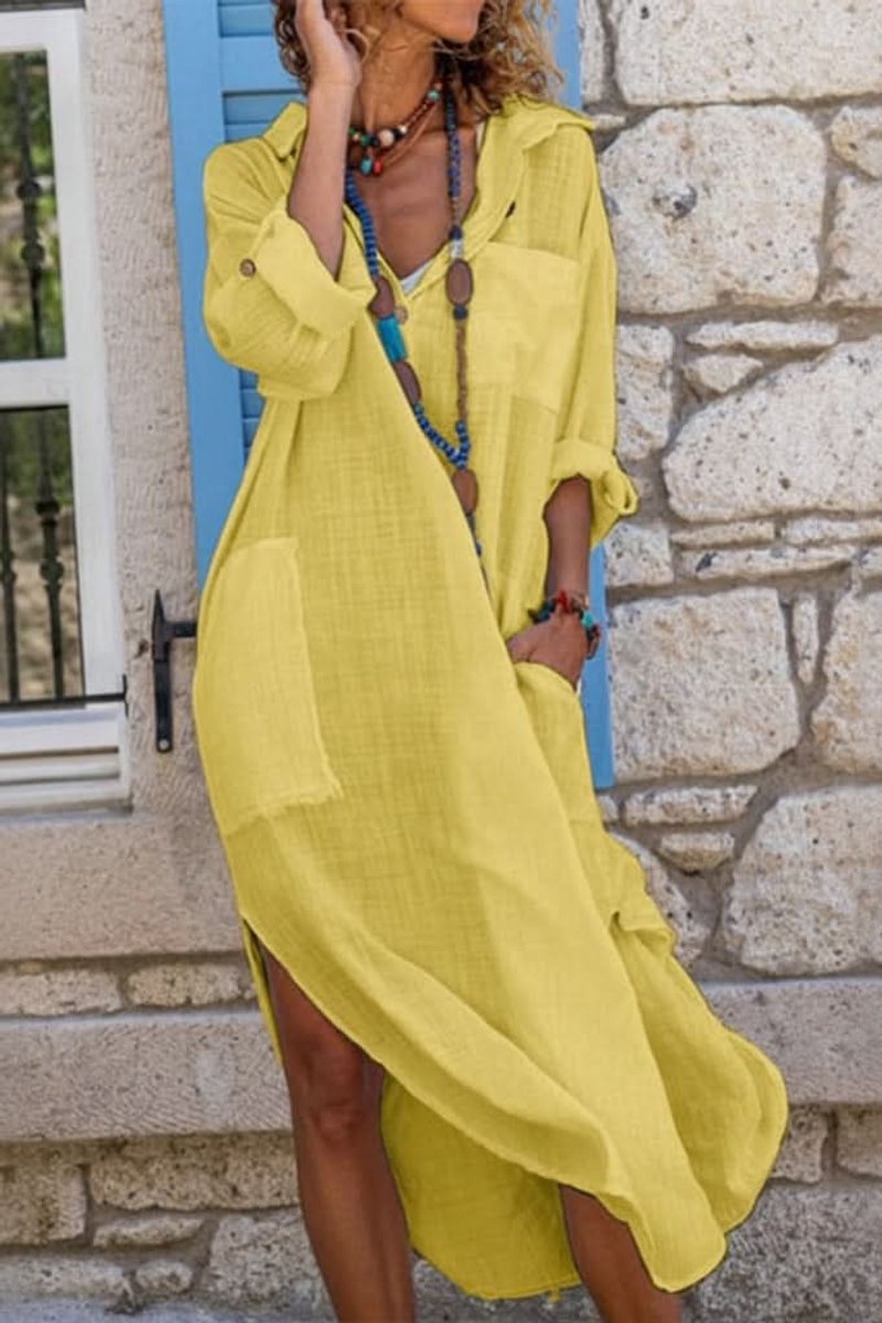 Stylish women's oversized shirt dress, a versatile midi gown suitable for evening or resort wear.