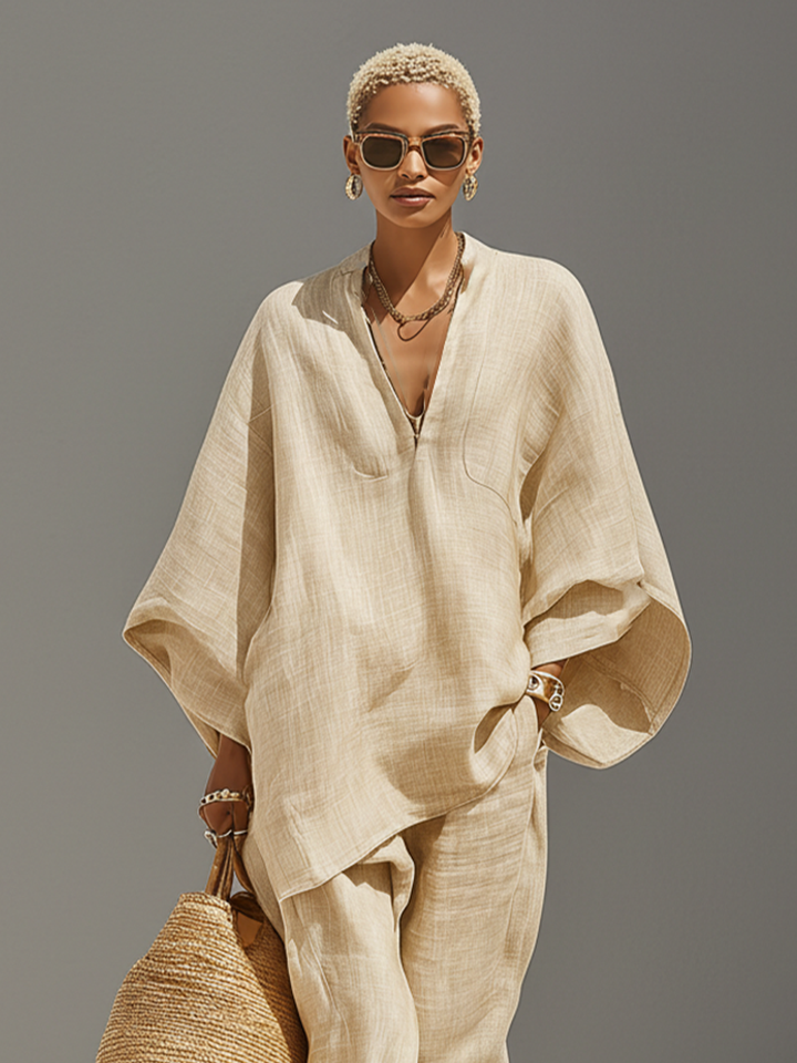 Stylish women's oversized notched top and tapered pant set, ideal for comfortable fall & spring fashion lounge wear.