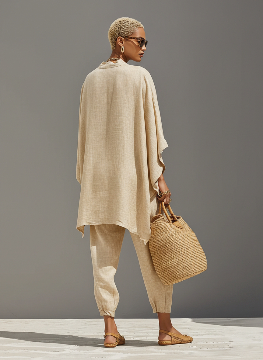 Women's fall/spring fashion set: oversized notched top & tapered pants. A stylish, comfortable coordinated outfit.