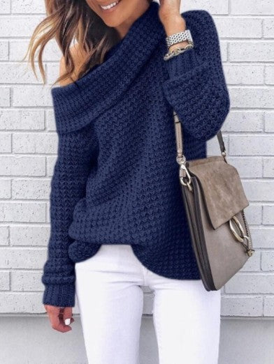 Cozy women's oversized off-shoulder sweater, perfect for a chic casual fall style. Long sleeve comfort.