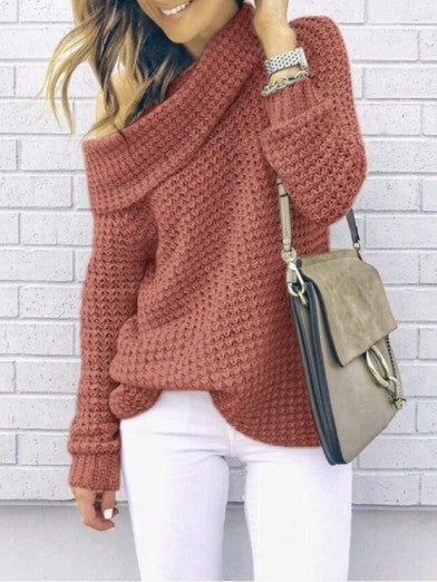 Stylish women's off-shoulder oversized sweater. Trendy long sleeve design for cozy fall fashion & relaxed fit.
