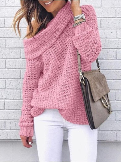 Elegant women's oversized off-shoulder sweater. Chic long sleeve knit for cozy fall fashion and casual style.
