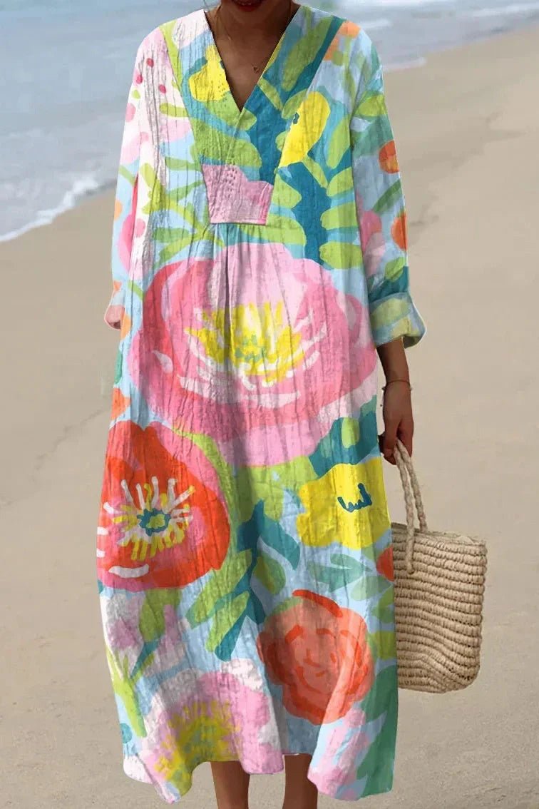 Women's oversized painterly floral V-neck maxi dress, ideal for summer casual wear or holidays.