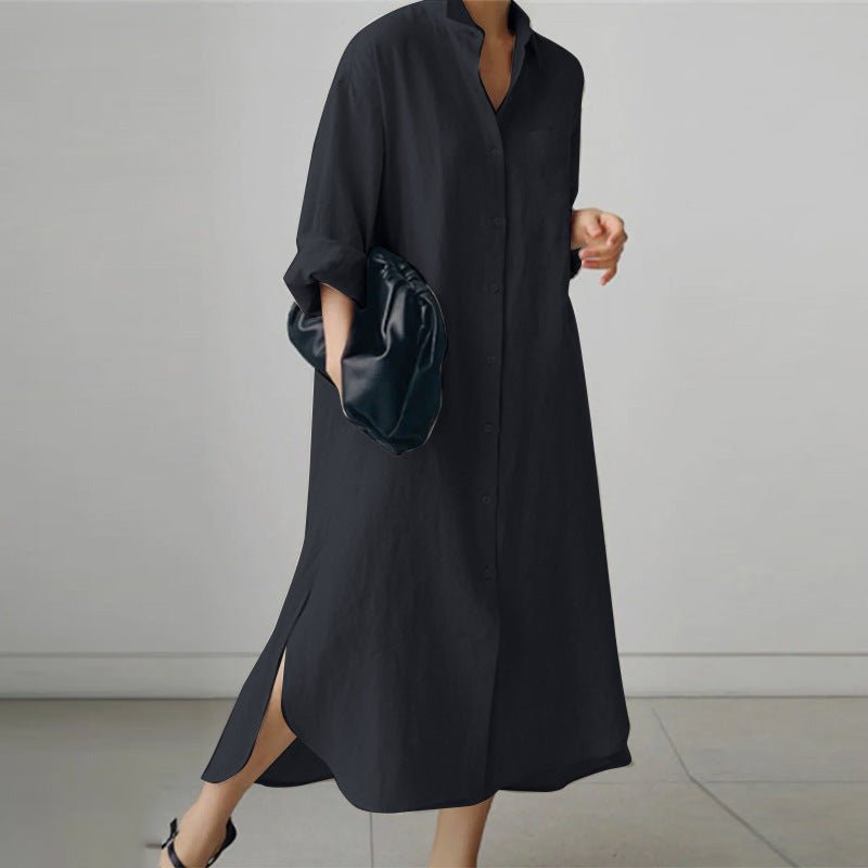 Flowy button-down oversized shirt dress for women, ideal for versatile summer fashion & relaxed comfort.