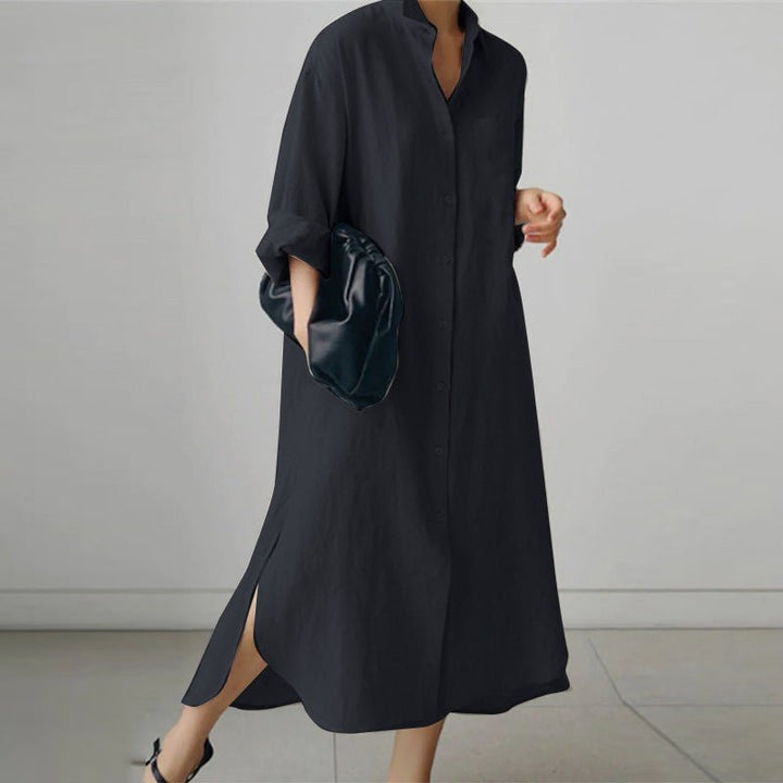 Flowy button-down oversized shirt dress for women, ideal for versatile summer fashion & relaxed comfort.