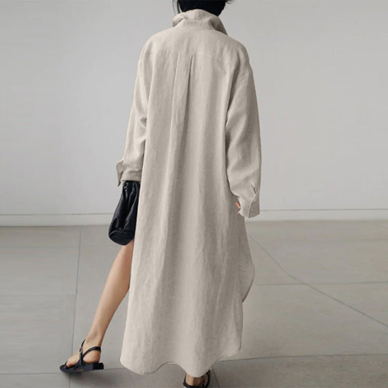 Stylish women's oversized shirt dress, offering comfortable, versatile fashion with a relaxed button-down design.