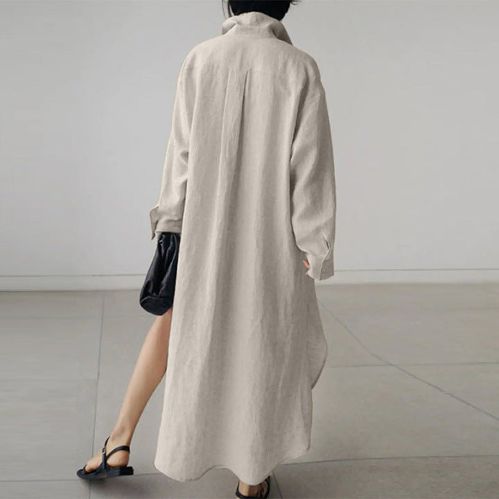 Stylish women's oversized shirt dress, offering comfortable, versatile fashion with a relaxed button-down design.