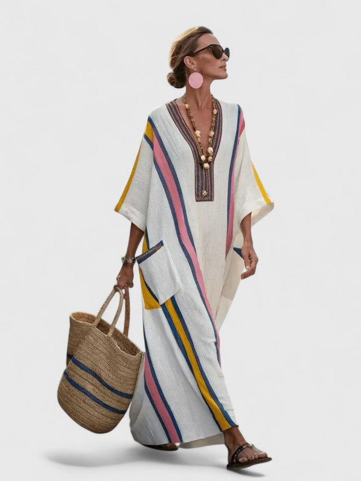 Oversized V-neck striped kaftan maxi dress for women. Relaxed fit, flowy fabric, perfect for summer days.