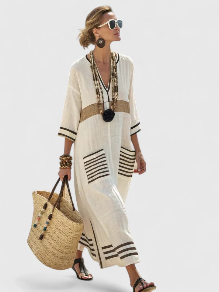 Lightweight women's oversized striped kaftan dress. V-neck maxi, perfect as casual summer dress or beach cover-up.
