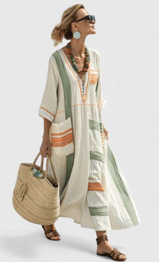 Women's oversized striped V-neck kaftan maxi dress. Flowy summer beachwear, perfect for a relaxed look.