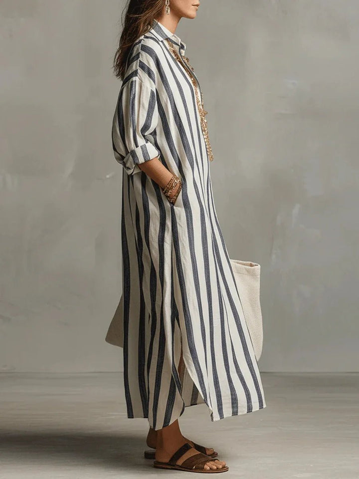 Casual women's striped maxi shirt dress, perfect for beachwear, resort & vacation style.