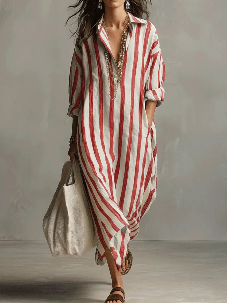 Effortless women's striped long shirt dress, an oversized maxi for versatile casual summer wear.