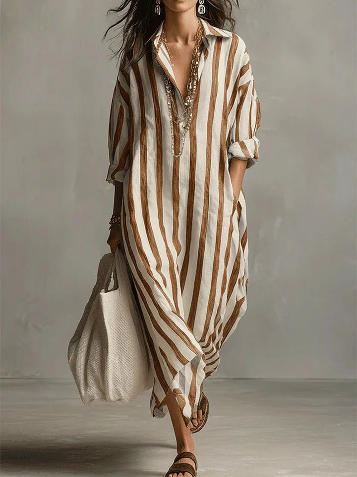 Fashionable women's oversized striped maxi dress, a comfortable shirt dress for summer vacation.