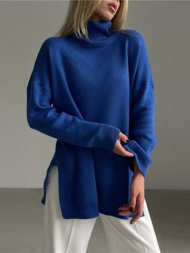 Soft knit oversized turtleneck sweater for women, comfortable & warm with a trendy side slit. Cozy winter wear.