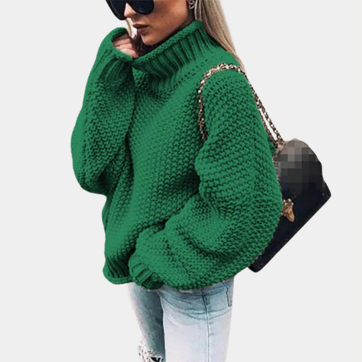 Warm women's oversized turtleneck pullover sweater. A cozy, stylish top for comfortable winter fashion & casual wear.