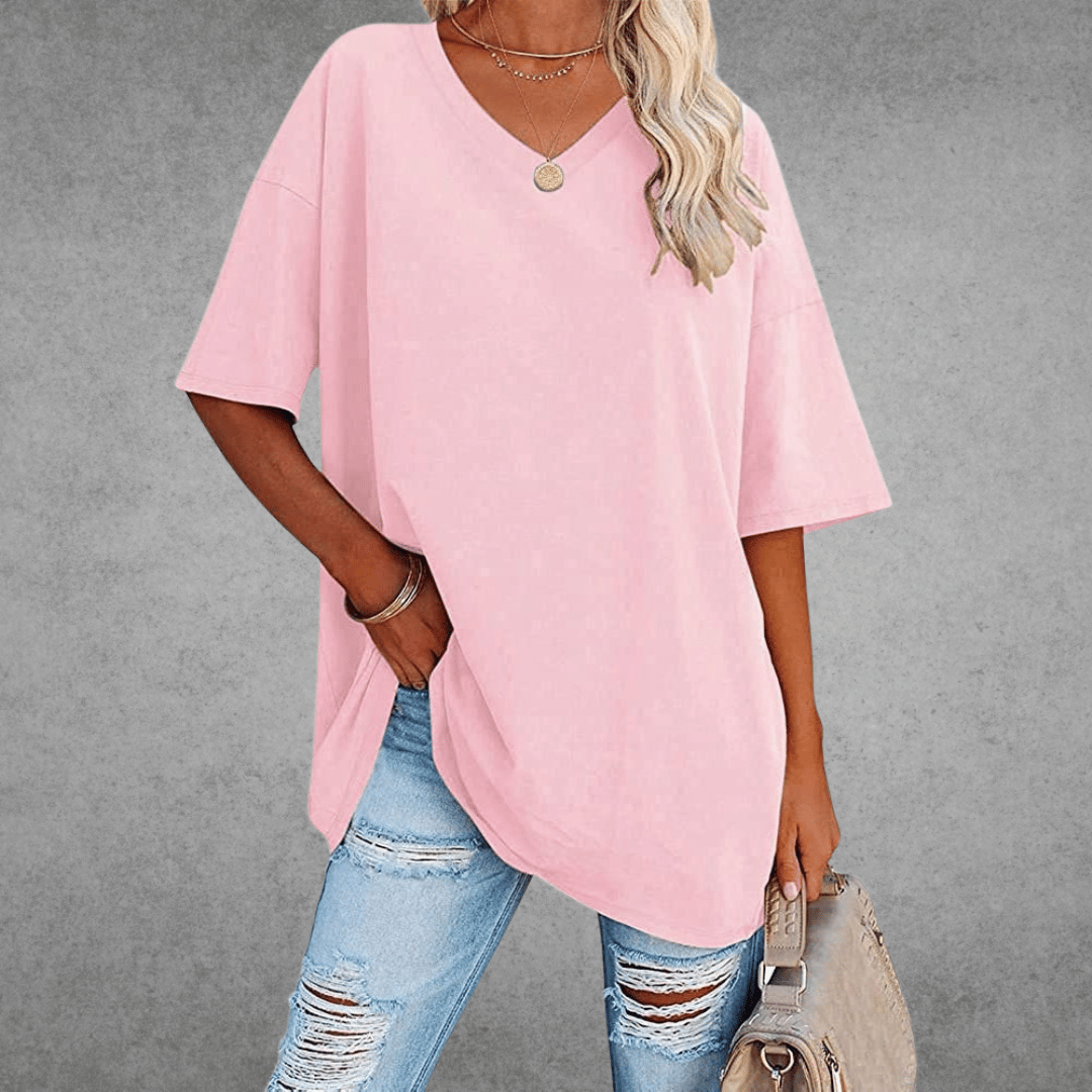 Women's casual oversized V-neck t-shirt. Relaxed half sleeve top for comfortable everyday style.