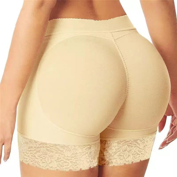 Women's padded shaping shorts with seamless lace trim, offering comfortable body lift and figure enhancement.