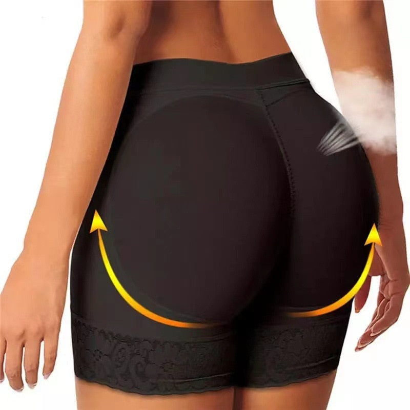 Invisible women's seamless shaping shorts with discreet padding and elegant lace trim for smooth foundation wear.