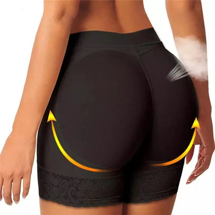 Invisible women's seamless shaping shorts with discreet padding and elegant lace trim for smooth foundation wear.