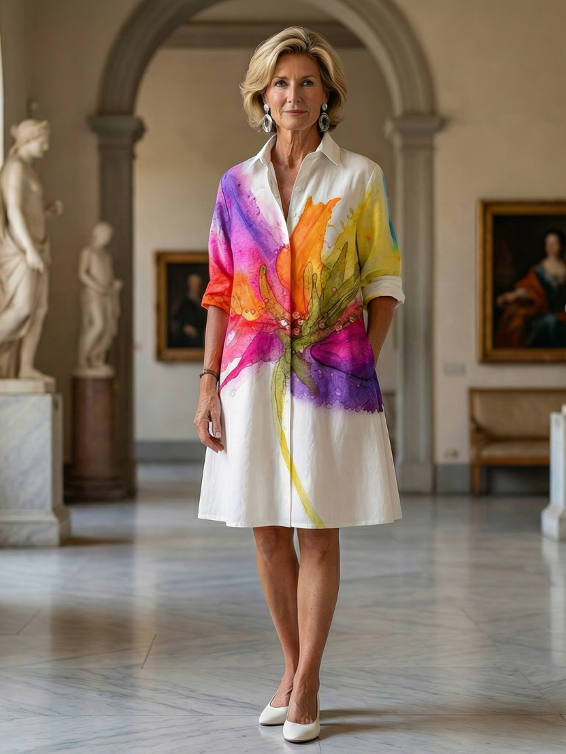 Women's Painted Garden floral button-front dress. Knee-length, 3/4 sleeves, relaxed fit for casual summer wear.