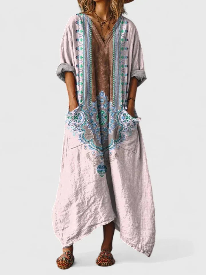 Bohemian paisley print women's maxi dress, oversized fit, V-neck, 3/4-sleeves, stylish & flowing.