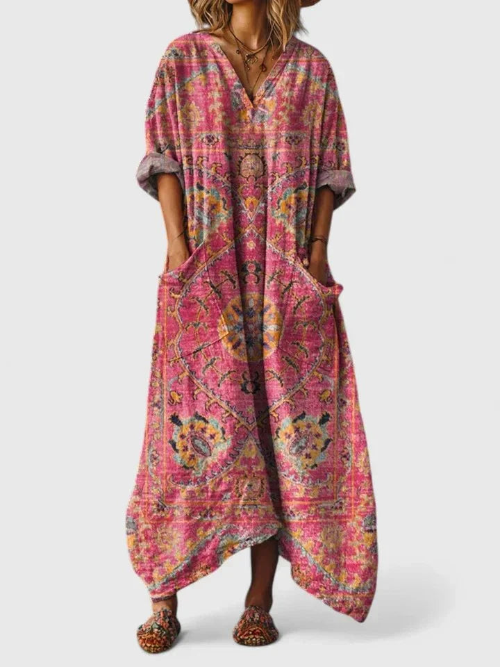 Women's casual paisley print oversized maxi dress with V-neck, 3/4-sleeves, and convenient pockets.