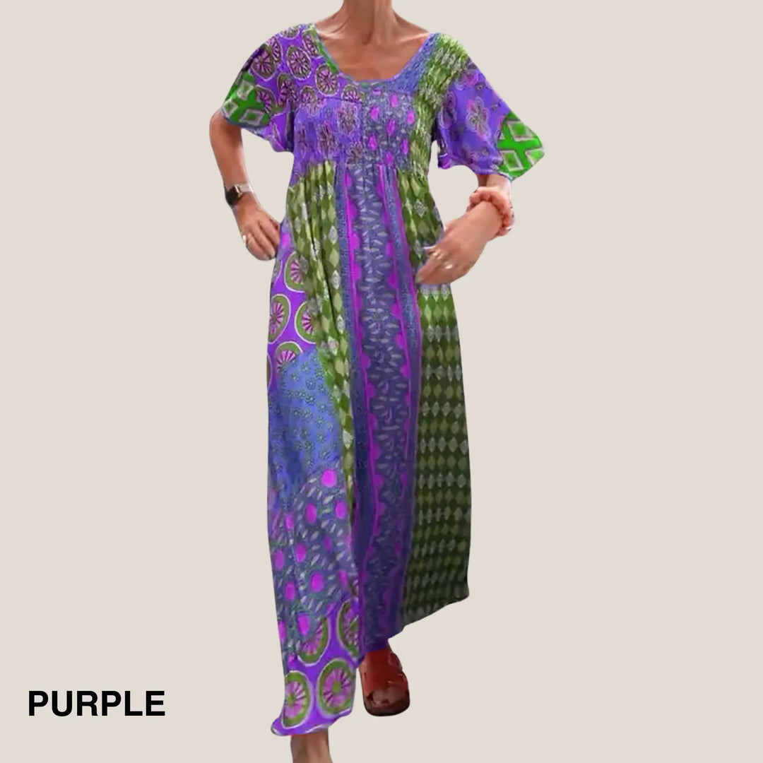 Boho-style colorful paisley print midi dress, V-neck, smocked waist, perfect for spring/summer casual.