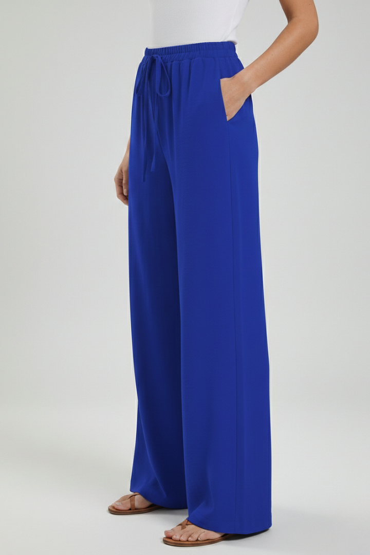 Stylish women's wide-leg palazzo trousers with a functional drawstring waist & pockets.