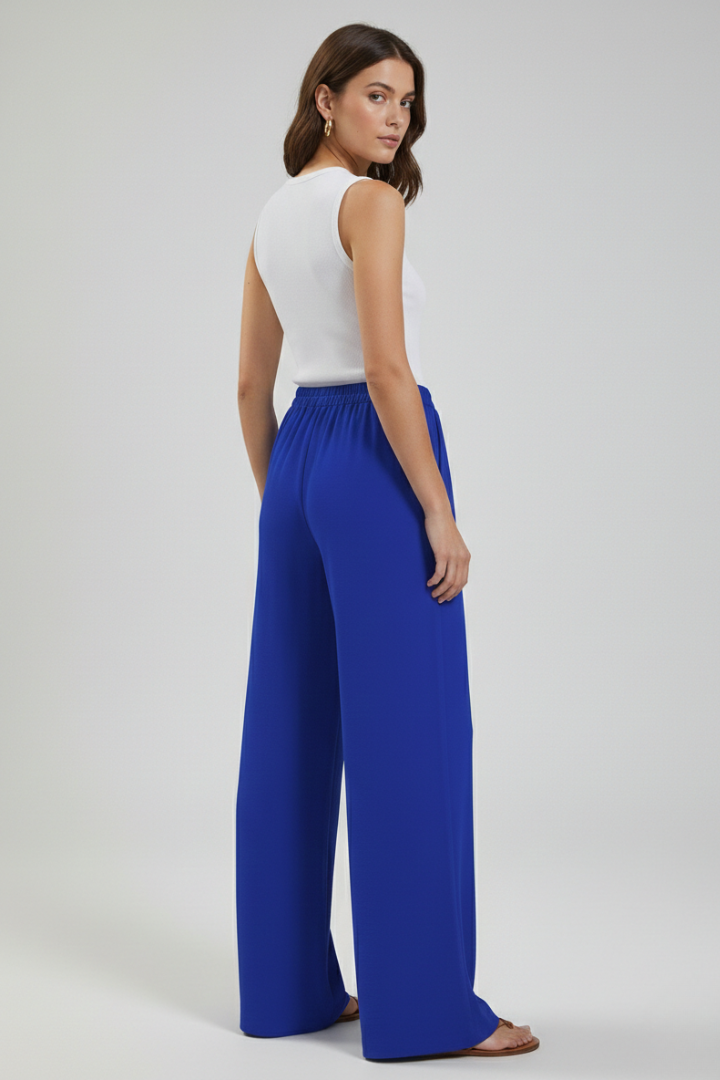 Casual women's palazzo trousers, wide-leg design with an adjustable drawstring & pockets.