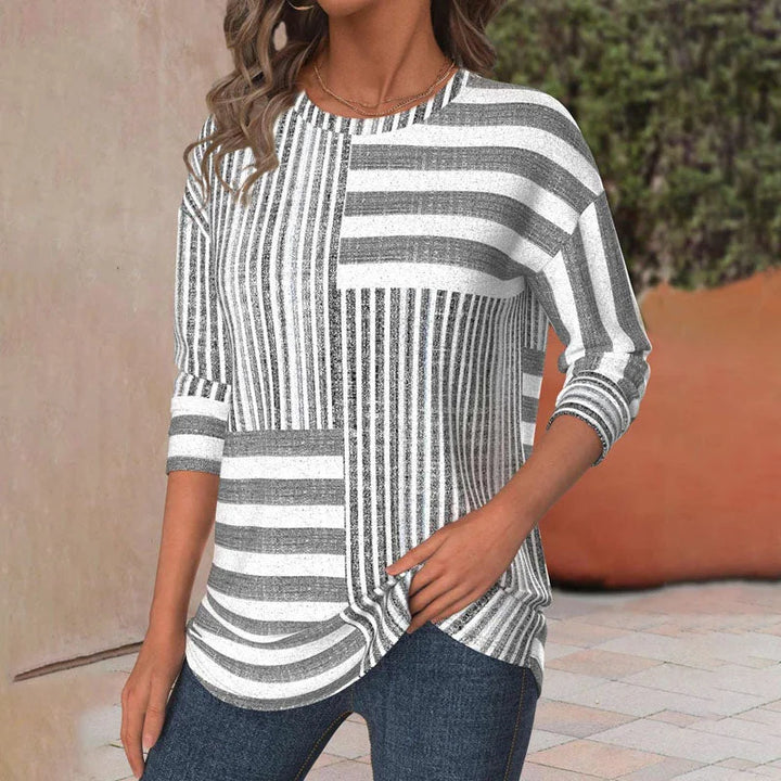 Versatile women's patchwork striped top; a stylish grey crew neck blouse with practical 3/4 sleeves.