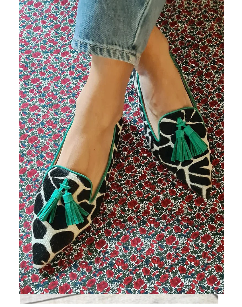 Women's patterned tassel loafers: slip-on, comfortable flat shoes. Stylish casual footwear for women.