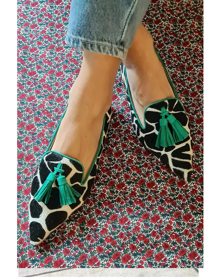 Women's patterned tassel loafers: slip-on, comfortable flat shoes. Stylish casual footwear for women.