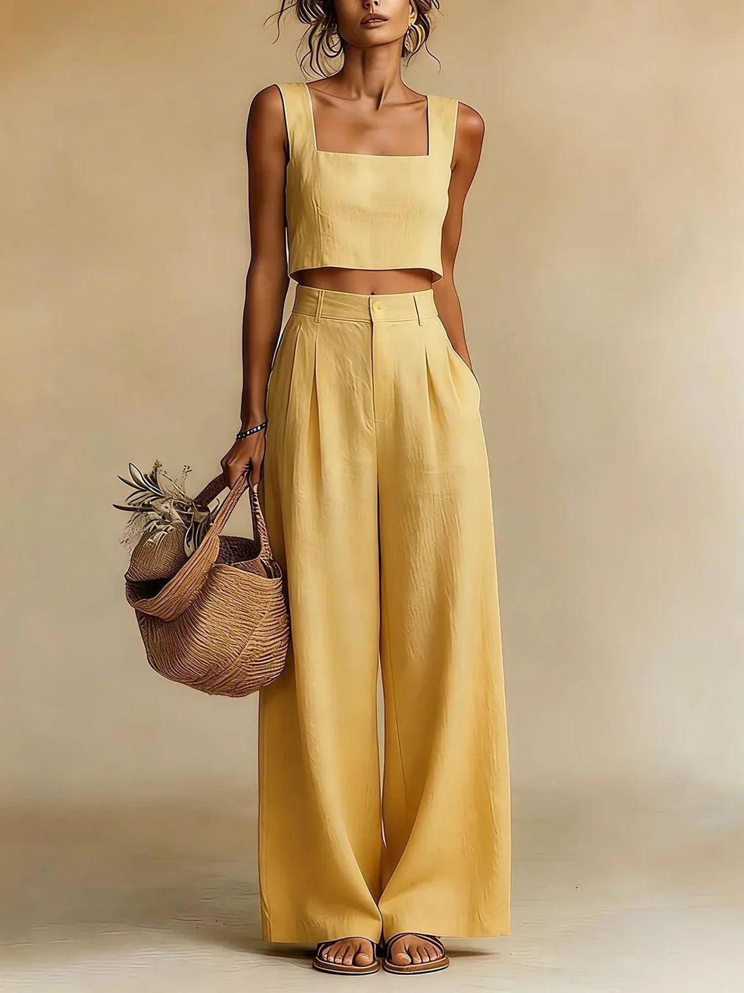 Women's peachy palazzo two-piece set, featuring wide-leg pants and a matching top, perfect for summer fashion.