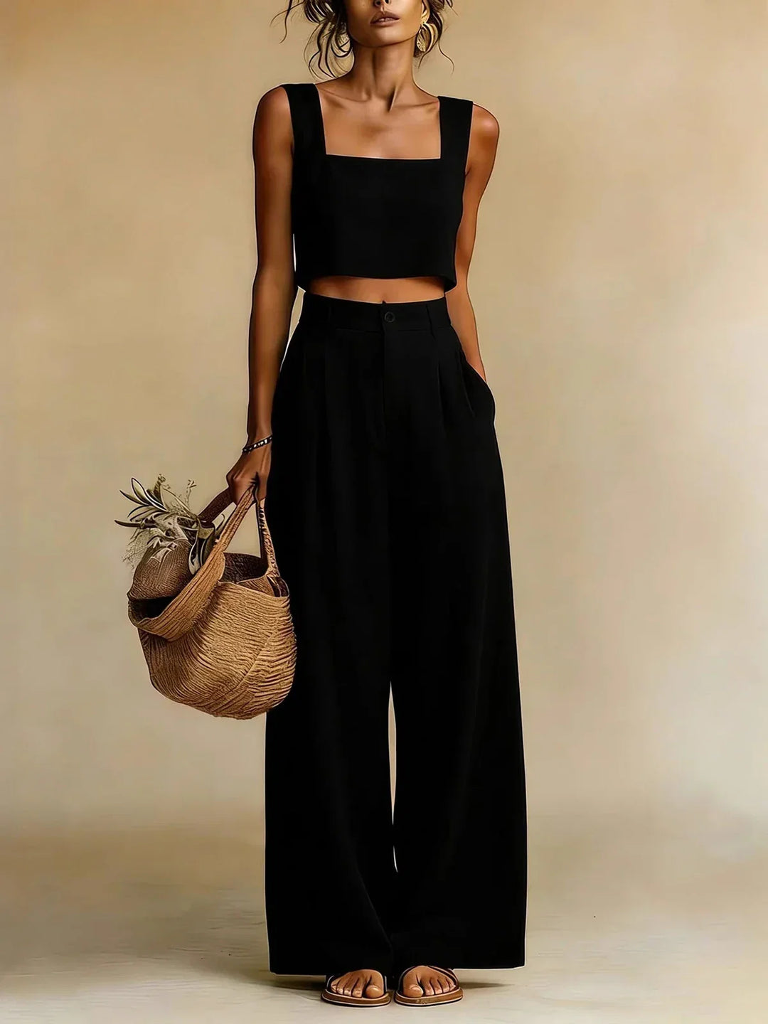 Elegant women's peachy co-ord set with flowy palazzo pants, ideal for a chic casual summer outfit.