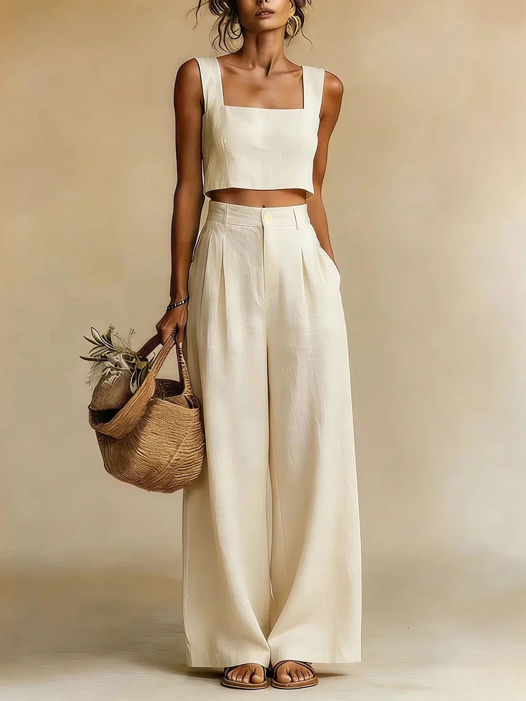 Comfortable women's peachy wide-leg palazzo pants set, a stylish two-piece for relaxed summer wear.