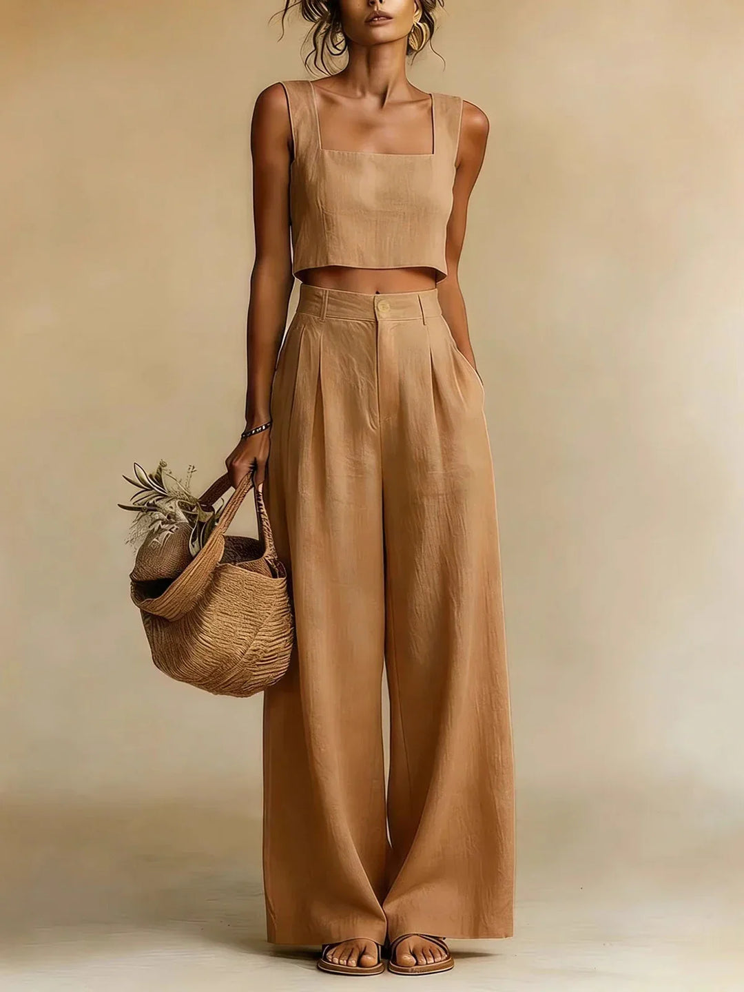 Stylish women's peachy two-piece palazzo set with wide-leg pants, a trendy summer fashion statement.