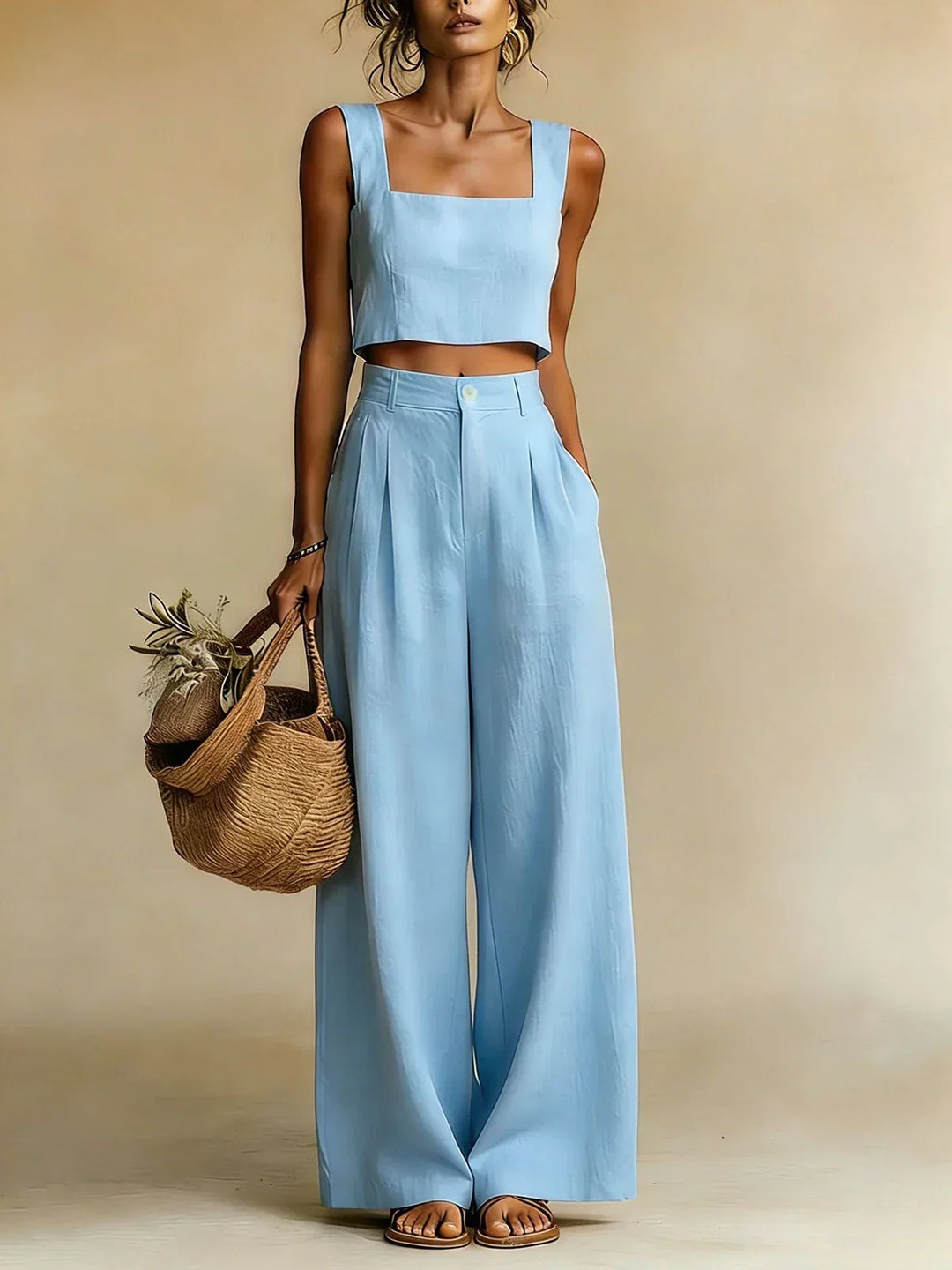 Vibrant peachy women's two-piece set, featuring comfortable palazzo wide-leg pants for summer outfits.