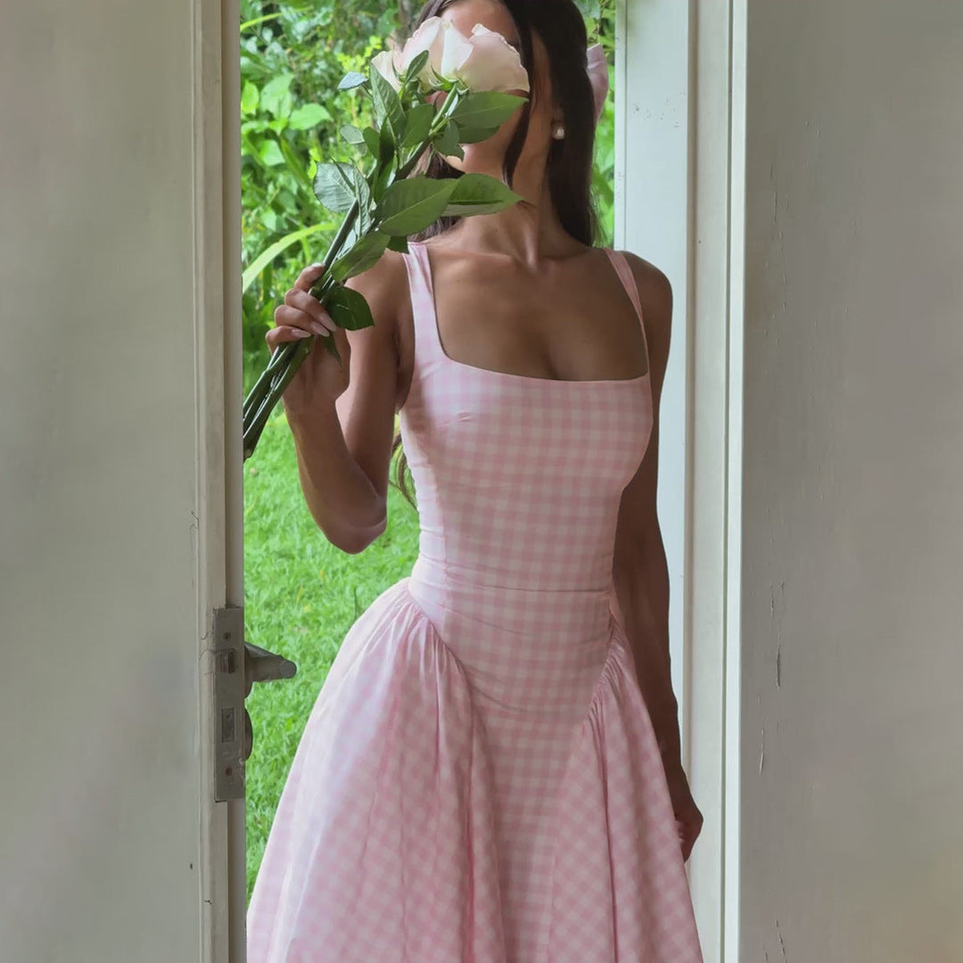Elegant blue checkered midi dress, women's, showcasing a sophisticated square neck and princess silhouette. Spring wear.